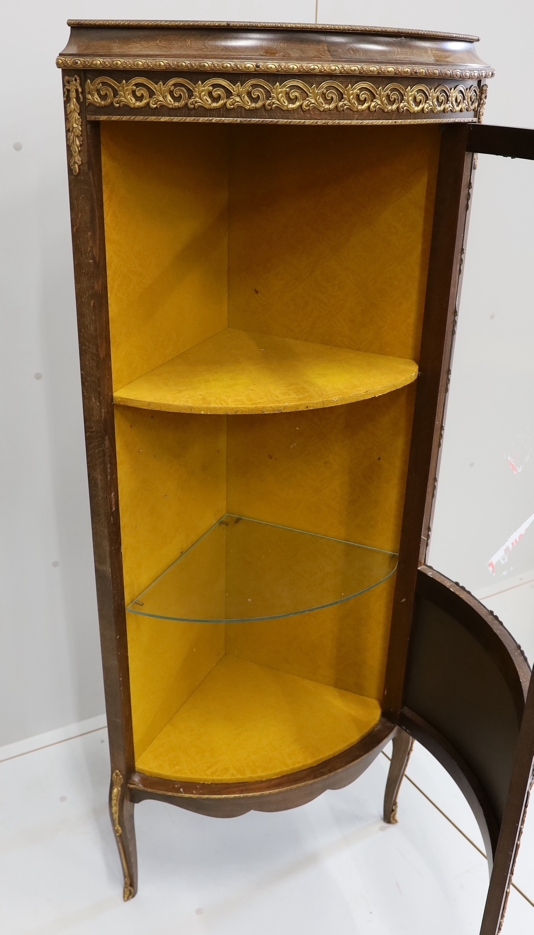 A Vernis Martin style gilt metal mounted beech corner vitrine, width 63cm, depth 44cm, height 152cm